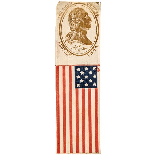 1854 13-Star American Flag Silk Ribbon Celebrating George Washingtons Birthday