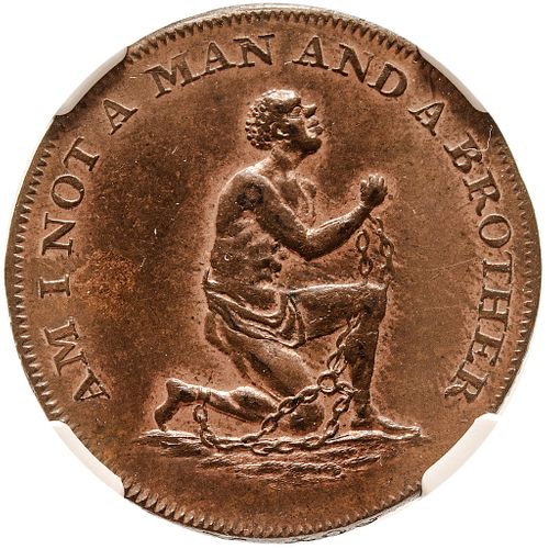 NGC Mint State-63 RB Fiery Anti-Slavery - Am I Not a Man and a Brother Halfpenny