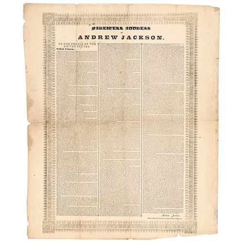1836 Original Broadside Printing of Andrew Jackson Farewell Address to the People of the United States