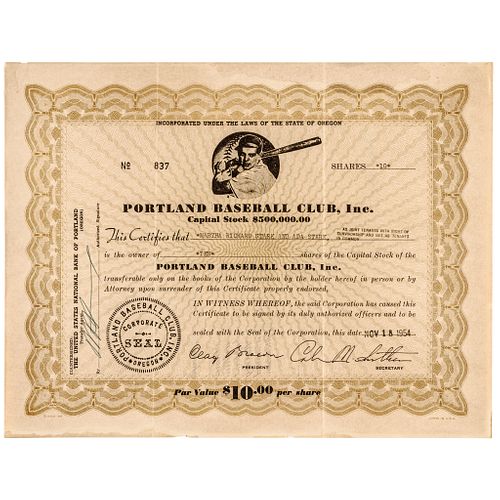 1954 Stock Certificate for the Portland Baseball Club (Portland Beavers) Oregon