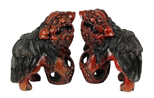 Pair of Chinese Carved Wood Foo Dogs