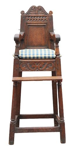 William and Mary Style Carved Oak High Chair