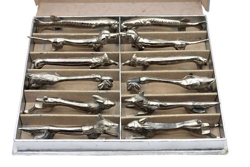 (12) Pcs Box of French Silver Animal Knife Rests