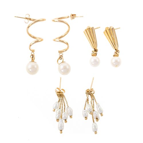 Three Pairs of Pearl Earrings in 14K Yellow Gold