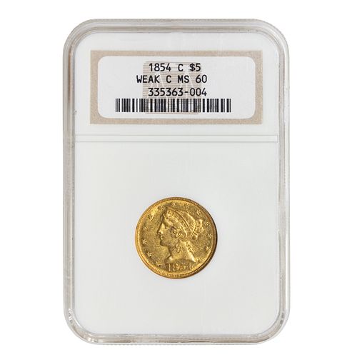 1854-C Liberty Gold $5 NGC MS60 Weak C