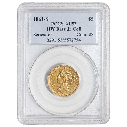 1861-S Liberty Gold $5 PCGS AU53 HW Bass