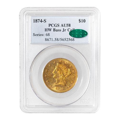 1874-S Liberty Gold $10 PCGS AU58 HW Bass CAC