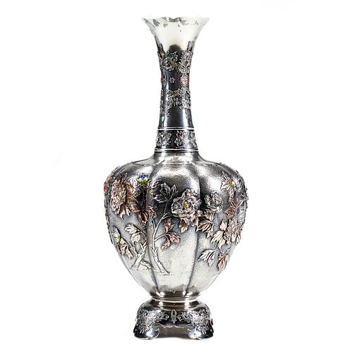 Japanese Meiji Enameled Silver Vase