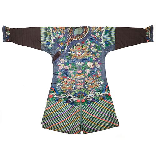 19th C. Qing Chinese Blue Silk Brocade Dragon Robe