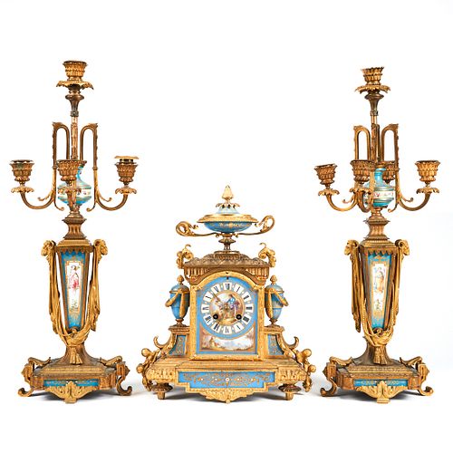 19th C. French Neoclassical Gilt Porcelain Clock Garniture Set