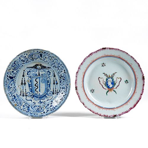Grp: 2 Plates - Tin-Glazed Majolica & Porcelain