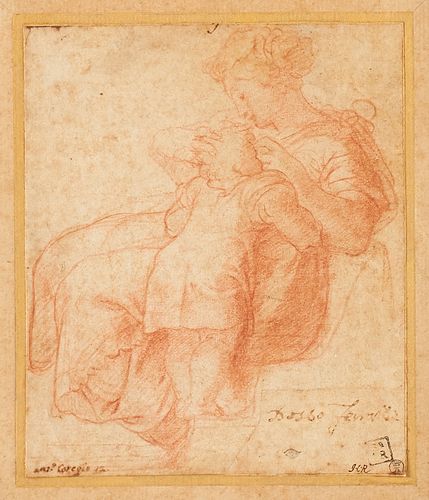After Correggio Old Master Mother and Child Red Crayon Drawing