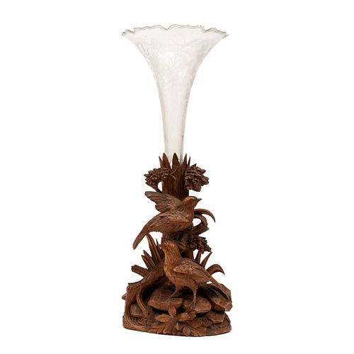 Black Forest Carved Wood Birds Trumpet Vase Cut Glass