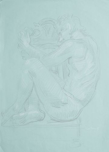 Paul Cadmus Male Nude on Chair Crayon on Blue Paper