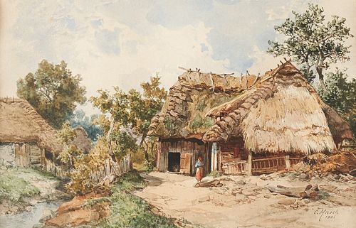 Carl Hasch Village Scene Watercolor