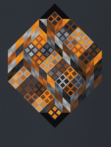 Victor Vasarely Gray & Orange Op Art Lithograph