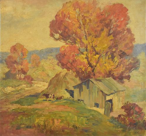 Jesse Hobby Autumnal Farm Scene Oil on Canvas