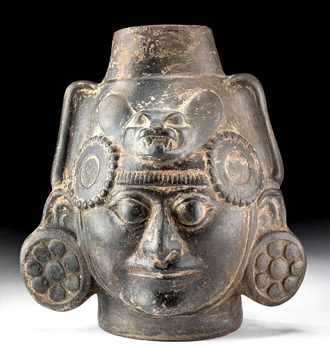 Moche Pottery Portrait Vessel w/ Zoomorphic Headdress