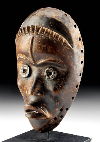 20th C. African Dan Wood Bagle Mask w/ Brass Eyes