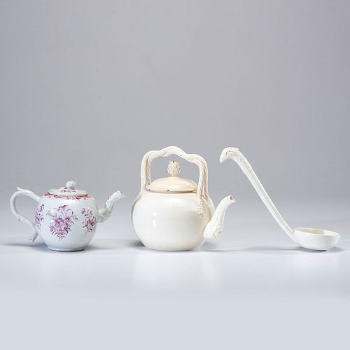 Two Staffordshire Creamware Teapots and Ladle