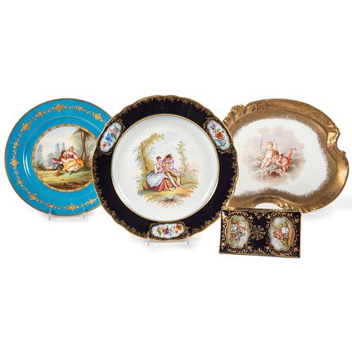 Two Continental Porcelain Cabinet Plates, A Vanity Tray and Ink Blotter