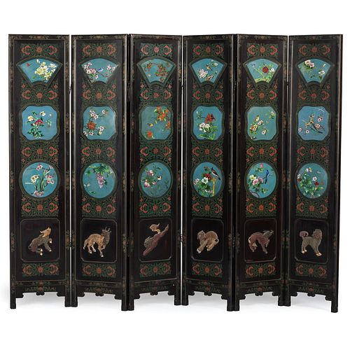 A Chinese Cloisonné Enamel Inset Lacquered Floor Screen 