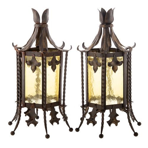 Pair Arts & Crafts Style Metal & Glass Lights