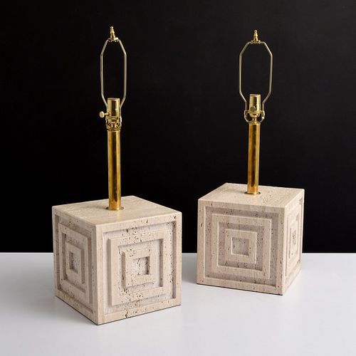 Pair of Travertine Lamps, Manner of Frank Lloyd Wright
