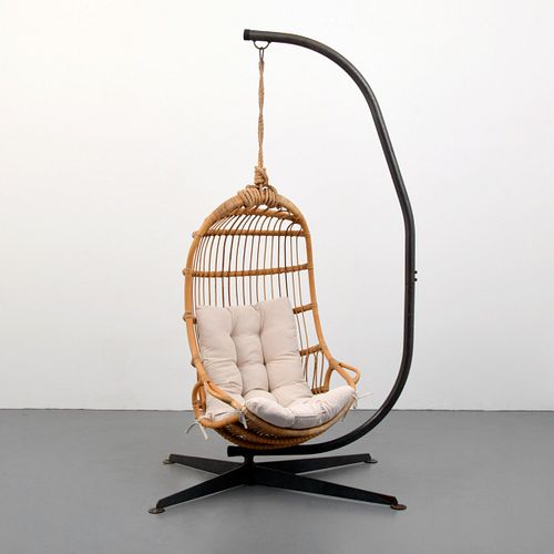 Rattan Hanging Lounge Chair, Manner of Arthur Umanoff