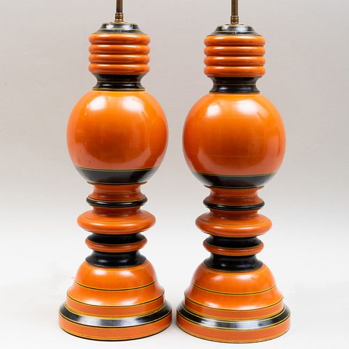 Pair of Orange and Black Lacquered Lamps
