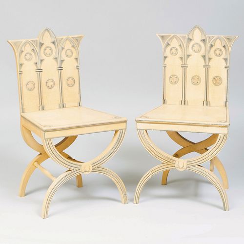 Pair of English Neo-Gothic Style Painted Hall Chairs, of Recent Manufacture