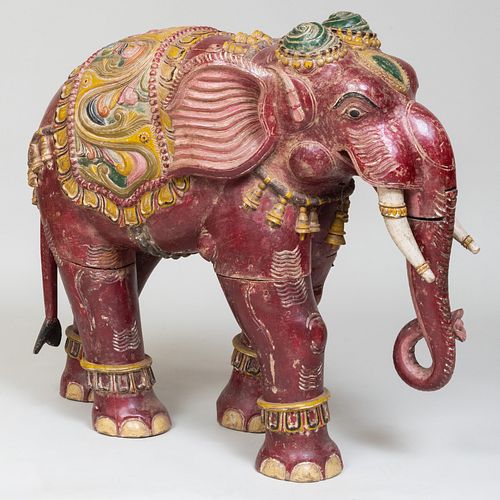 Large  Polychrome Painted and Carved Wood Figure of an Indian Elephant