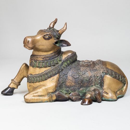 Indian Decorated Brass Figure of a Seated Bull with Saddle