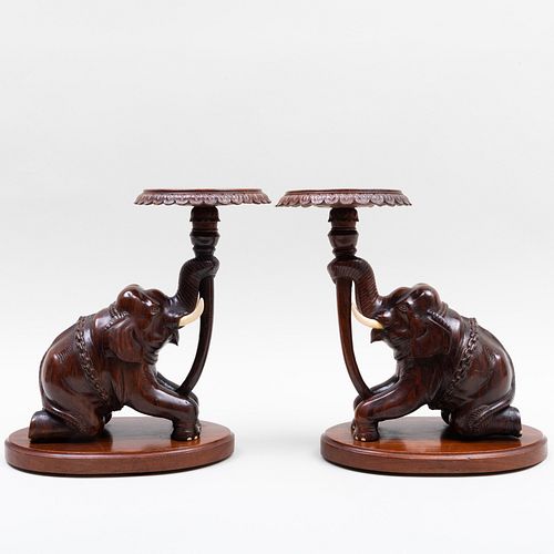 Pair of Indian Carved Hardwood Seated Elephants Pedestals