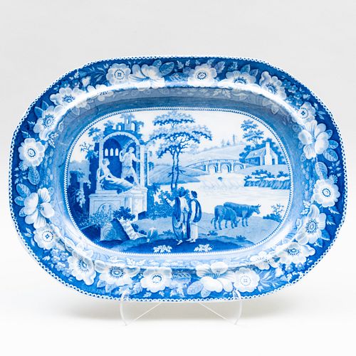 English Blue and White Pearlware Transfer Printed Platter with Bucolic Country Scene