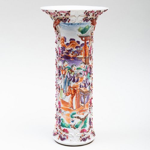 Chinese Export Mandarin Palette Porcelain Vase with Applied Grapes and Squirrels