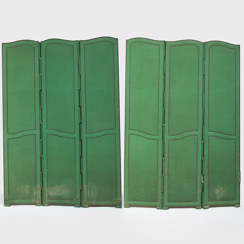Two Brass Studded Fabric Three Panel Screens