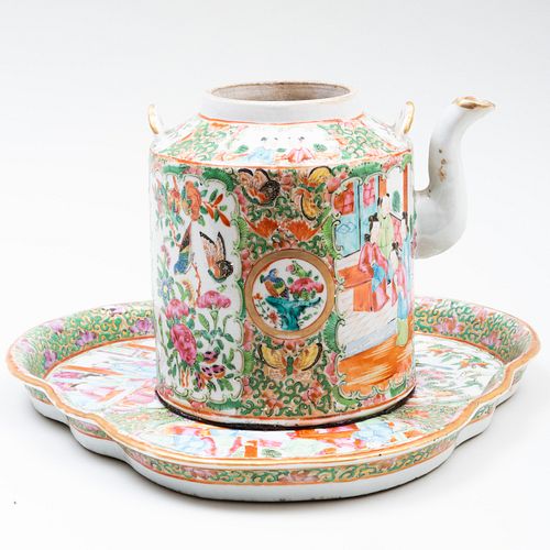 Chinese Export Rose Medallion Porcelain Teapot and a Shaped Tray