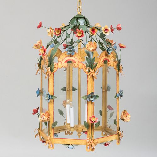 Floral TÃ´le Peinte Four-Light Hexagonal-Shaped Lantern