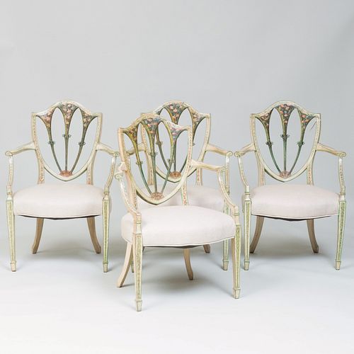 Set of Four George III Style Painted Elbow Armchairs, in the Manner of Sheridan