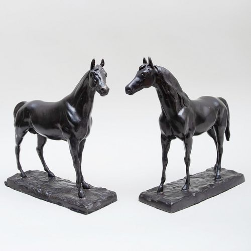 Pair of English Faux-Bronzed Plaster Figures of Standing Horses