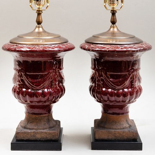 Pair of Red Glazed Stoneware Urn Form Lamps