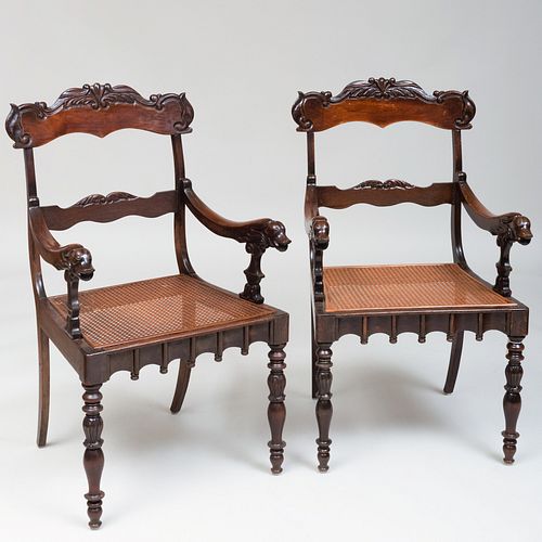 Pair of Continental Carved Mahogany and Caned Armchairs 