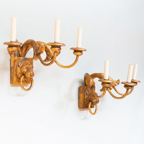 Pair of Baroque Style Carved and Giltwood  Lion's Masks Three-Light Sconces