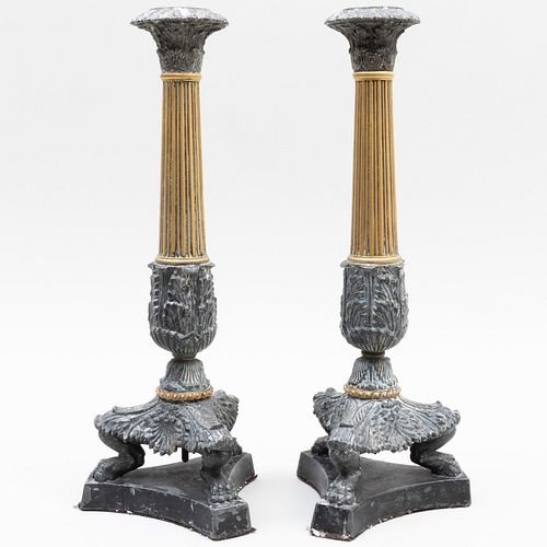 Pair of Charles X Style Brass and Painted Metal Candlesticks