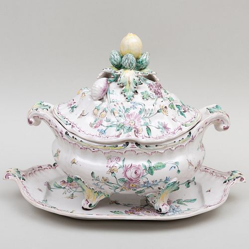 Continental Faience Tureen, Cover and Underplate