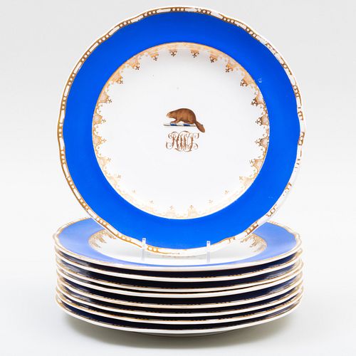 Set of Nine Copland Blue Ground Porcelain Plates with Beaver Crest and Monogram
