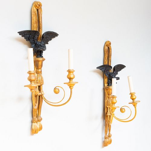 Pair of Giltwood Two-Light Wall Sconces with Carved Ebonized Eagles
