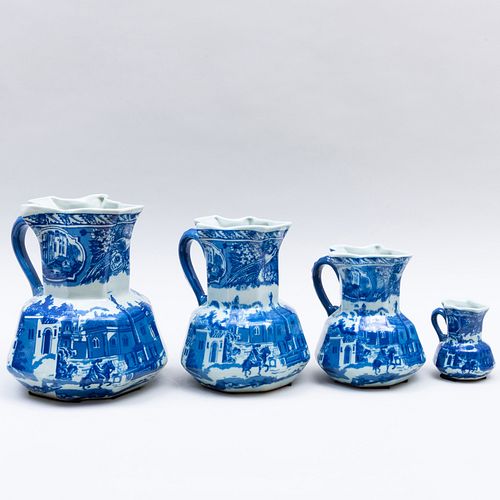Group of Four English Ironstone Style Transfer Printed Pitchers in Graduated Sizes