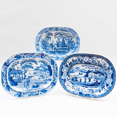 Three English Blue and White Transfer Printed Chinoiserie Platters